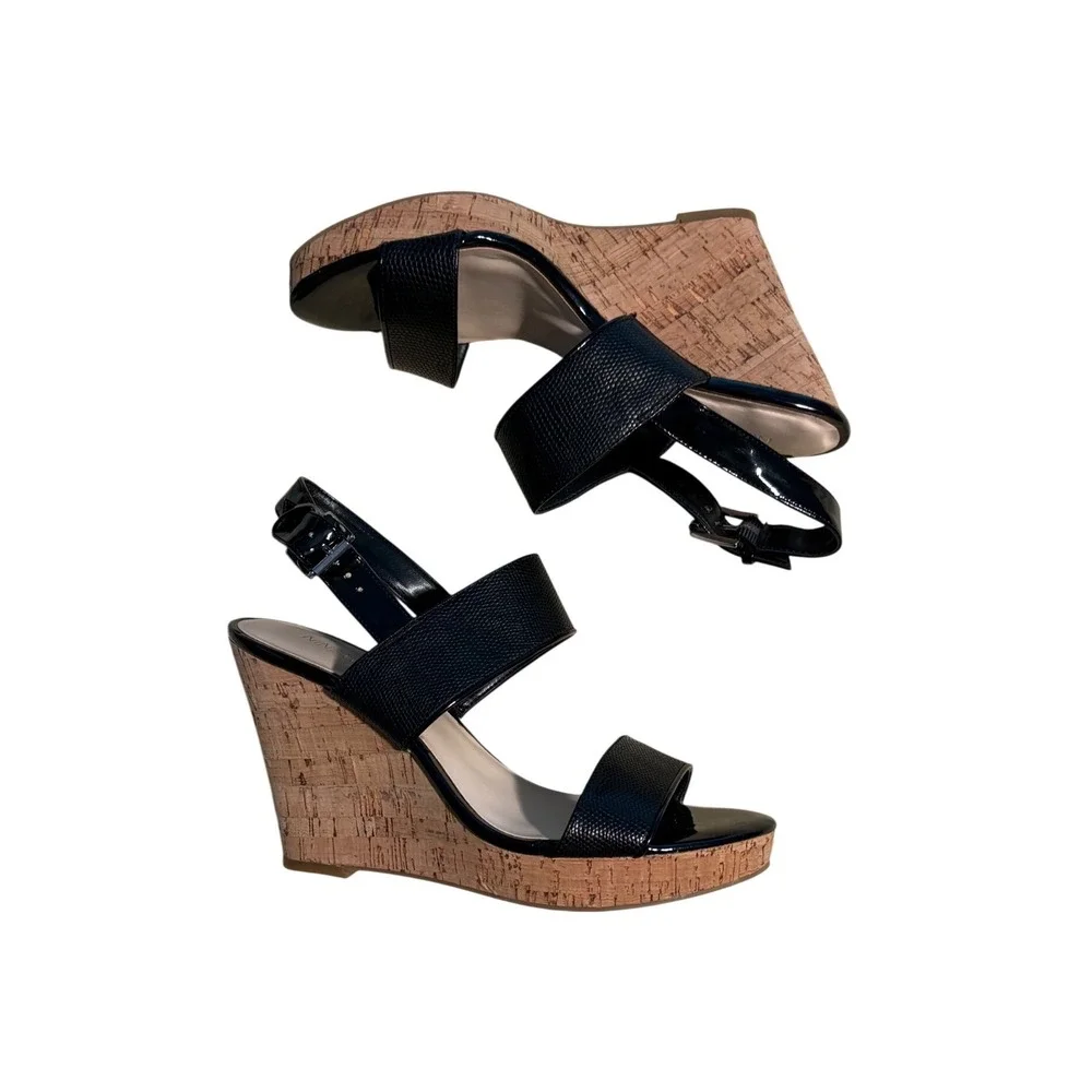 Nine West Lucini Black Snakeskin Patent Cork Wedge Sandals Womens 8.5 M